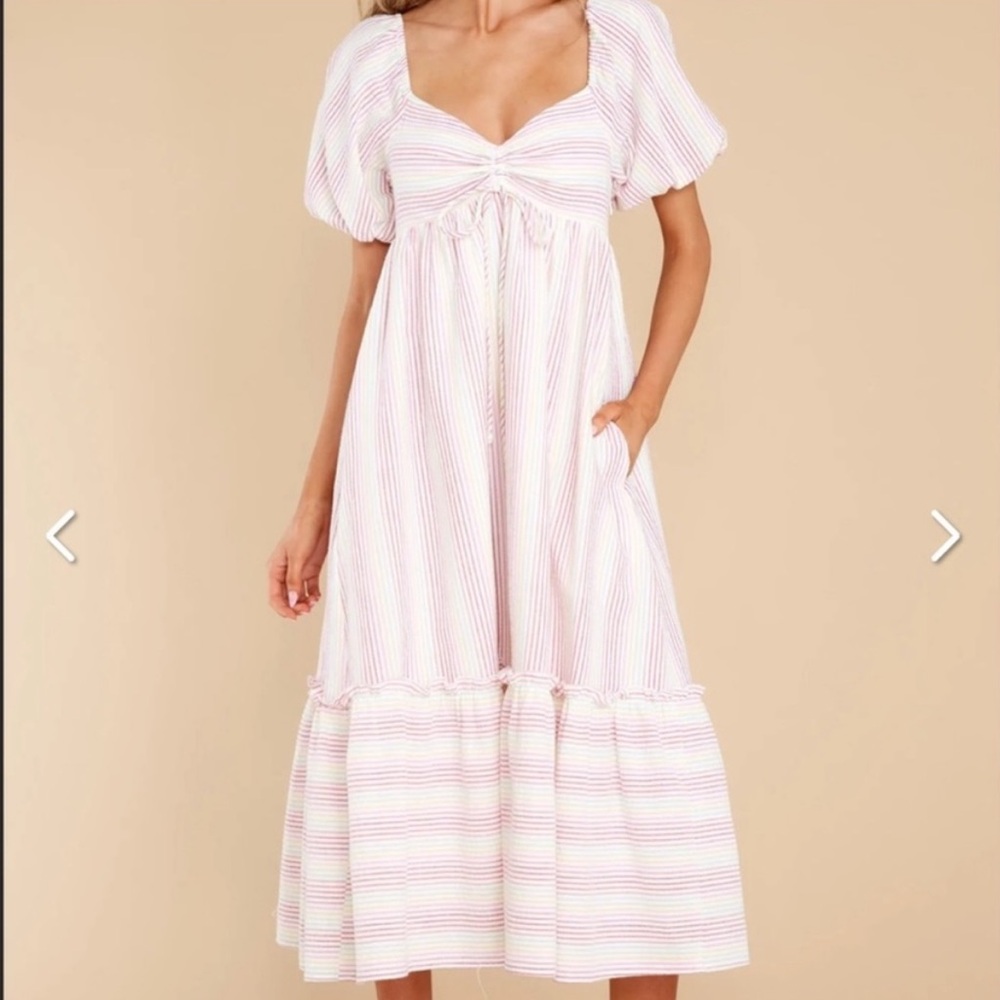 Moodie Striped Seersucker Tiered Midi Dress